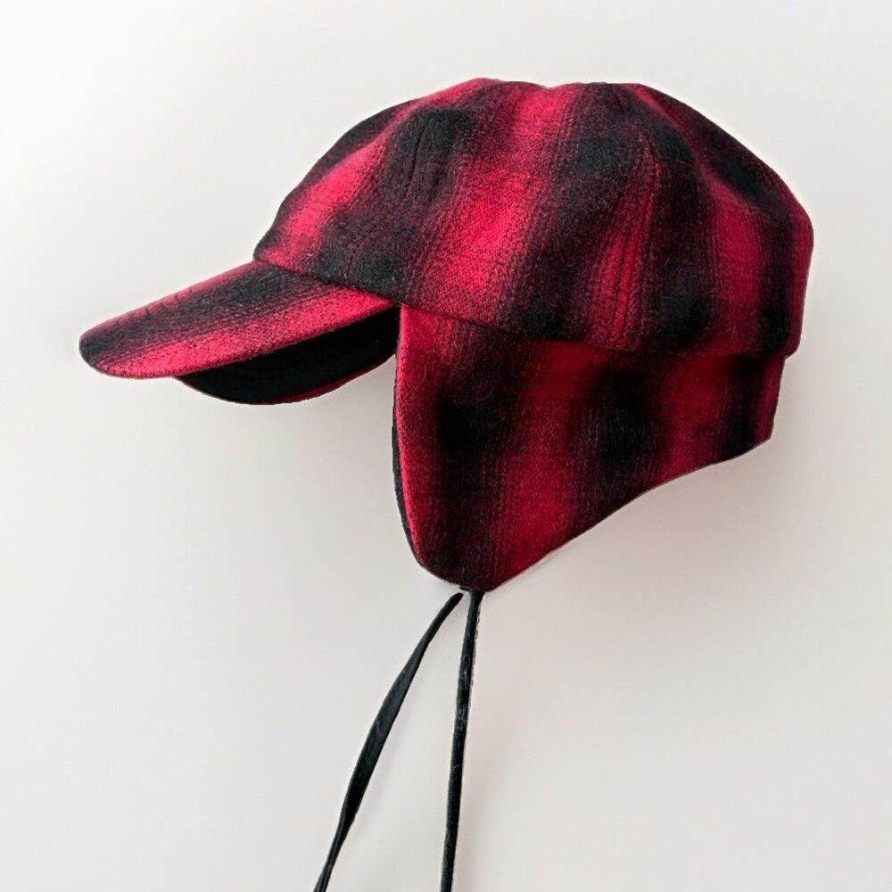 Goodfellow Mens Wool Blend Trapper Hat Ear Flaps Buffalo Plaid Red Black M L